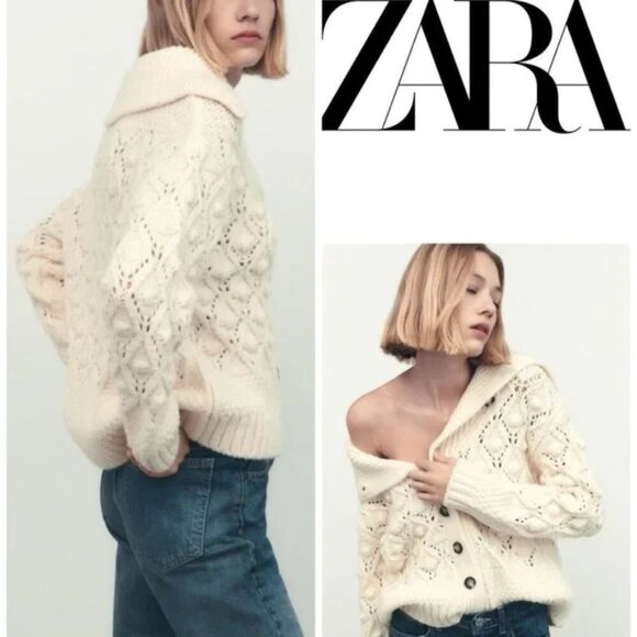 Zara Pompom Knit Cardigan Jacket Bloggers Favourite Cream Ecru Size Small - Picture 3 of 10